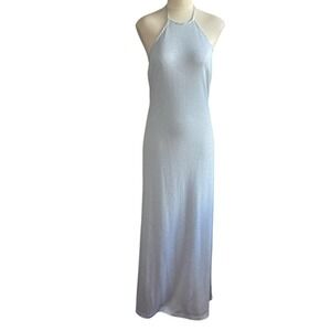 Vintage Nadine Silvery Blue Halter Maxi Dress Size 11 Y2K Shimmer Gown Open Back